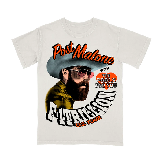 Post Malone F-1 Trillion With Fools Tour Tee front view featuring cowboy portrait graphic and U.S. Tour artwork inspired by The Fools For You collaboration from the F-1 Trillion era