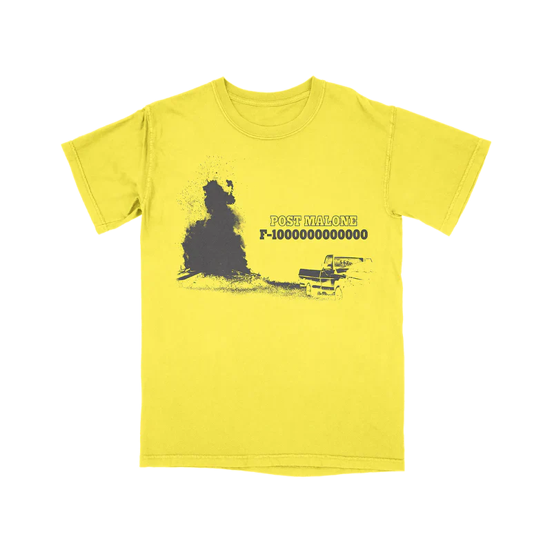 Post Malone F-1 Trillion yellow T-shirt front view featuring western-inspired graphic artwork and pickup truck design