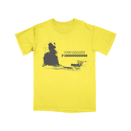 Post Malone F-1 Trillion yellow T-shirt front view featuring western-inspired graphic artwork and pickup truck design