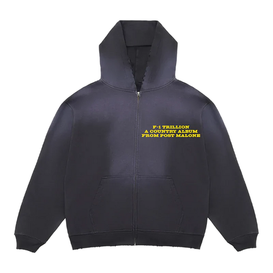 Post Malone F-1 Trillion Zip Up Hoodie front view featuring A Country Album From Post Malone graphic from the F-1 Trillion collection on black full zip hoodie