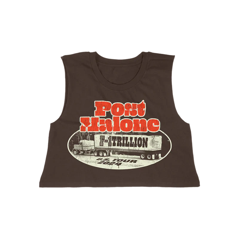 Post Malone F 1 Trillion Weigh Station Tank front view featuring vintage semi truck graphic with bold F 1 Trillion U S Tour 2024 artwork on cropped brown sleeveless tank top