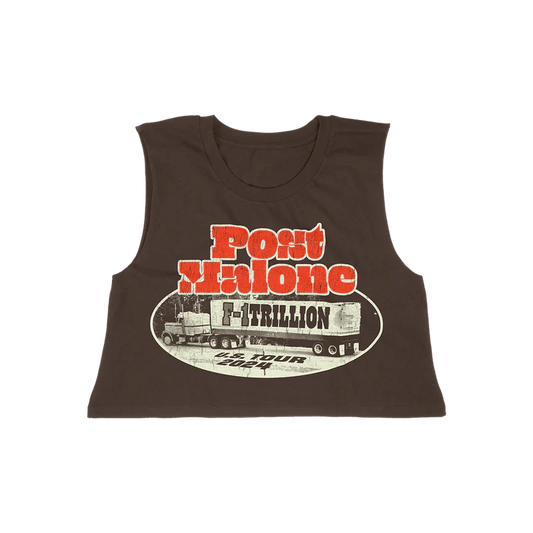 Post Malone F 1 Trillion Weigh Station Tank front view featuring vintage semi truck graphic with bold F 1 Trillion U S Tour 2024 artwork on cropped brown sleeveless tank top