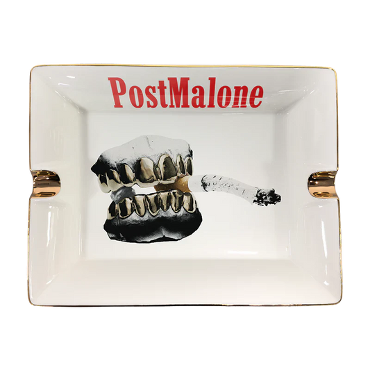 Post Malone Go Flex Ashtray front view featuring iconic grillz and cigarette artwork from the Stoney era with premium ceramic finish and collectible display design