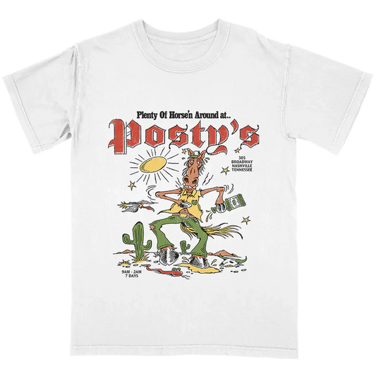 Horse'n Around Posty's T Shirt front view in white featuring vintage western horse cartoon graphic with desert cactus artwork and Nashville Posty's themed design