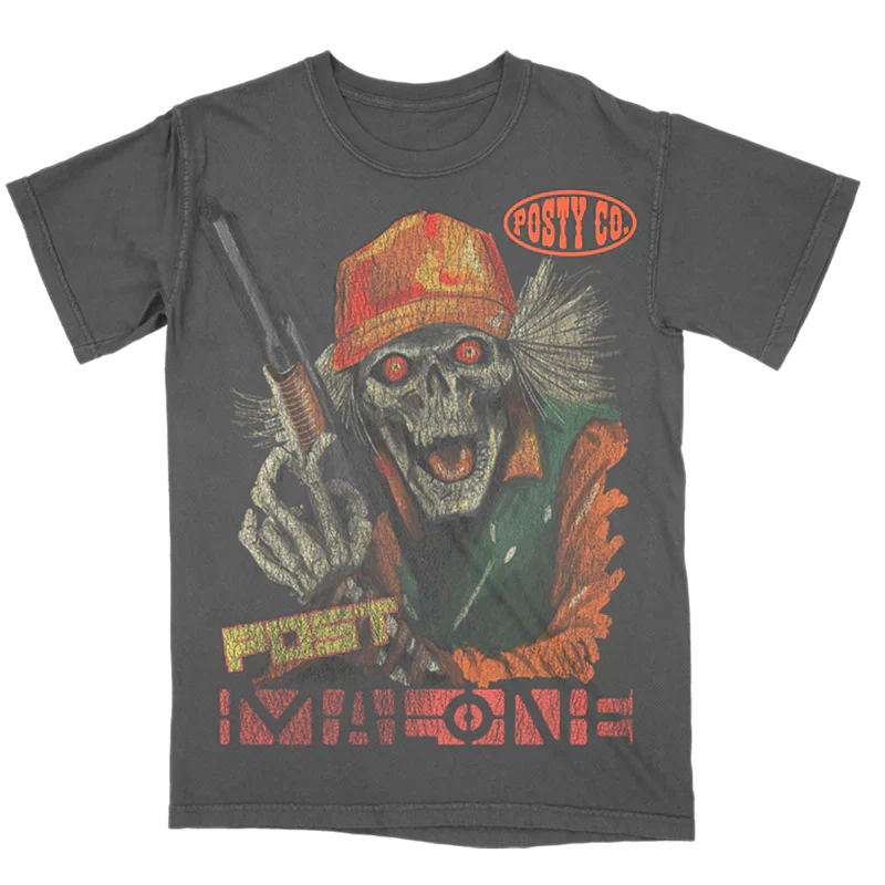 Hunter T Shirt front view in washed charcoal featuring vintage hunting skeleton graphic with shotgun artwork Posty Co logo detail and bold Post Malone inspired outdoor themed design
