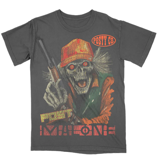 Hunter T Shirt front view in washed charcoal featuring vintage hunting skeleton graphic with shotgun artwork Posty Co logo detail and bold Post Malone inspired outdoor themed design