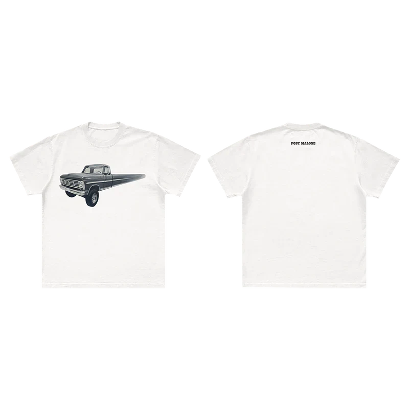 Post Malone Infinite Truck Painting T-Shirt front view featuring surreal elongated vintage pickup truck artwork inspired by the F-1 Trillion era, printed on a white premium cotton tee with western automotive aesthetics
