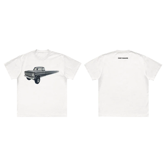 Post Malone Infinite Truck Painting T-Shirt front view featuring surreal elongated vintage pickup truck artwork inspired by the F-1 Trillion era, printed on a white premium cotton tee with western automotive aesthetics
