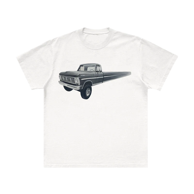 Post Malone Infinite Truck Painting T-Shirt front view featuring surreal elongated vintage pickup truck artwork inspired by the F-1 Trillion era, printed on a white premium cotton tee with western automotive aesthetics