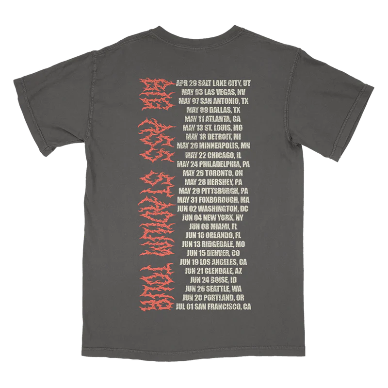 Post Malone Knight Tour T-shirt back view with 2023 tour dates graphic on washed charcoal concert tee