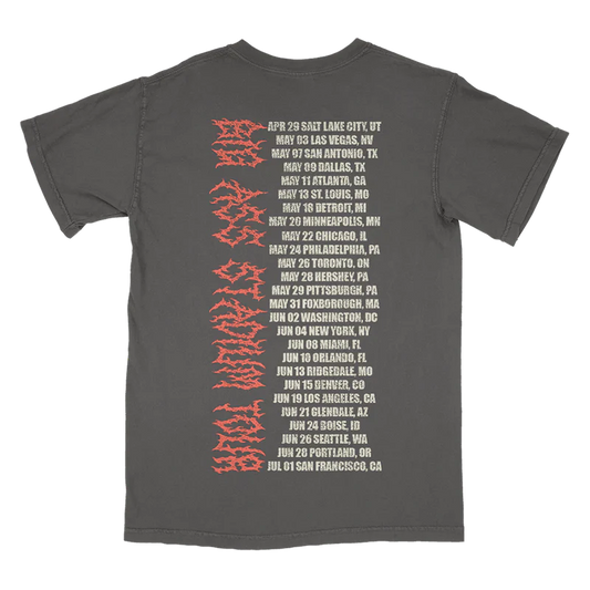 Post Malone Knight Tour T-shirt back view with 2023 tour dates graphic on washed charcoal concert tee