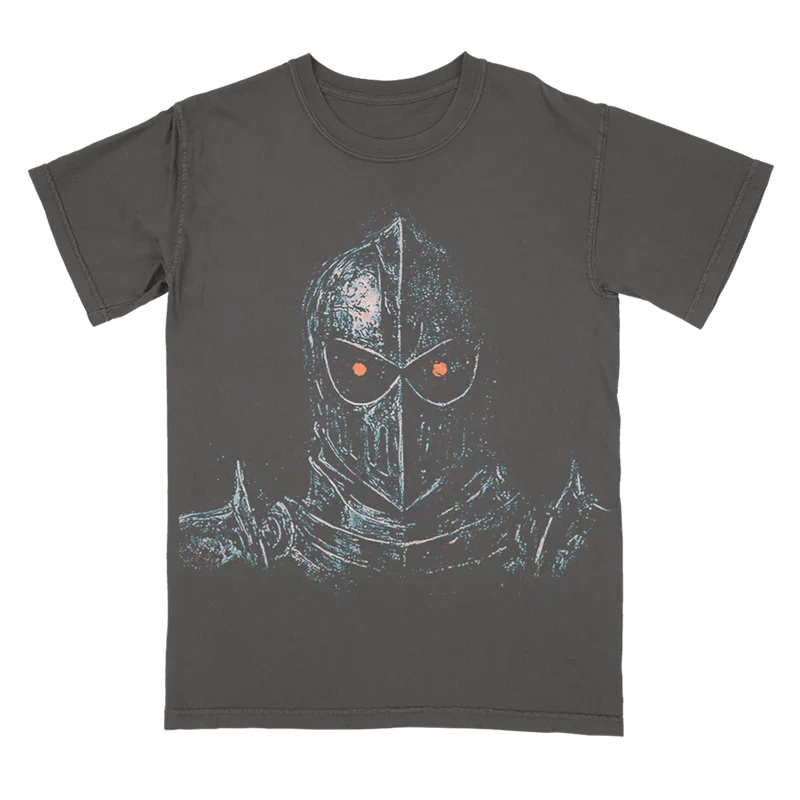 Post Malone Knight Tour T-shirt front view featuring distressed medieval knight graphic on washed charcoal tee