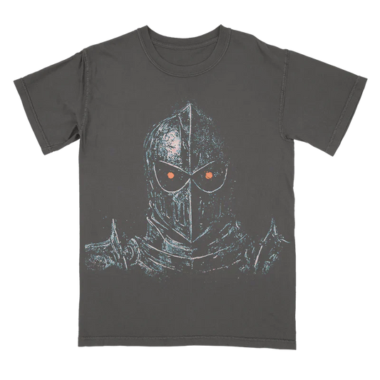 Post Malone Knight Tour T-shirt front view featuring distressed medieval knight graphic on washed charcoal tee