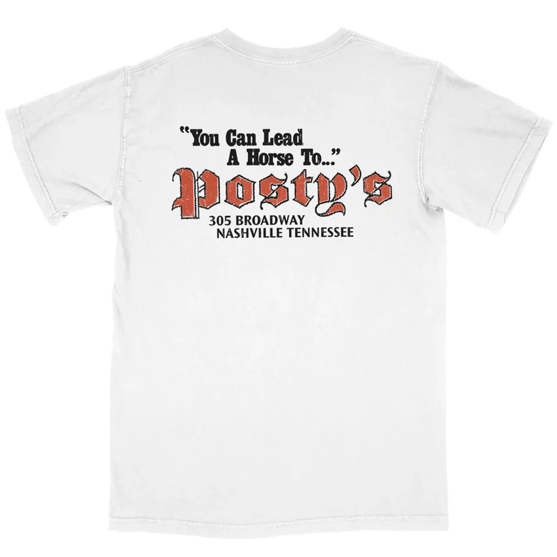 Post Malone Lead a Horse to Posty's T-Shirt back view with Posty's Nashville Tennessee slogan graphic and venue branding artwork
