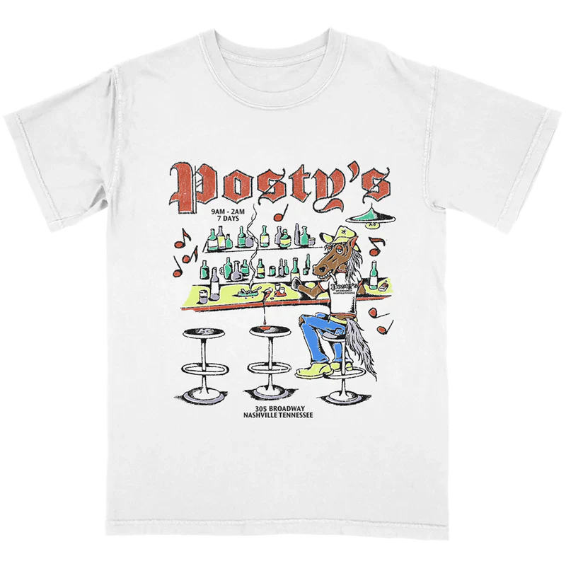 Post Malone Lead a Horse to Posty's T-Shirt front view featuring Nashville bar graphic with horse character and western artwork