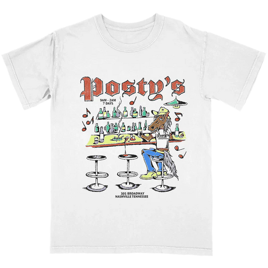 Post Malone Lead a Horse to Posty's T-Shirt front view featuring Nashville bar graphic with horse character and western artwork