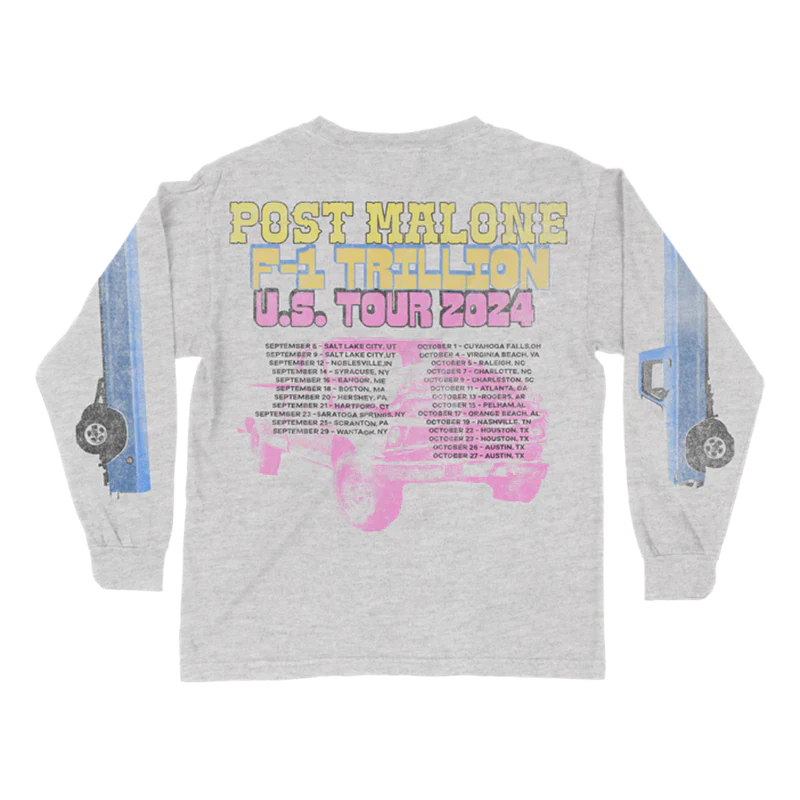 Post Malone F-1 Trillion U.S. Tour 2024 long sleeve back view with tour dates graphic and truck illustration artwork