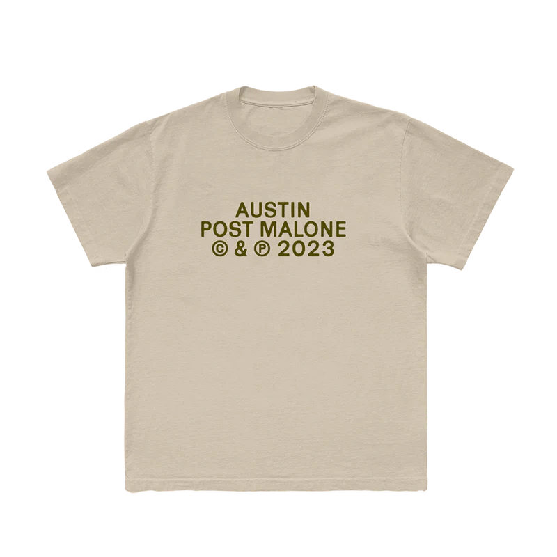 Post Malone PM Photo T-Shirt 2 front view featuring Austin album branding and 2023 release text printed on a vintage cream T-shirt from the If Y’all Weren’t Here I’d Be Crying Tour merchandise collection