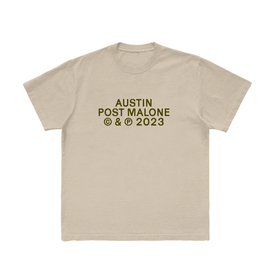 Post Malone PM Photo T-Shirt 2 front view featuring Austin album branding and 2023 release text printed on a vintage cream T-shirt from the If Y’all Weren’t Here I’d Be Crying Tour merchandise collection