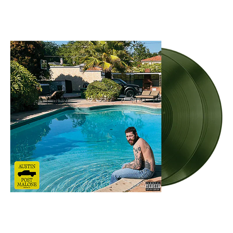 Post Malone Austin 2LP front view featuring album cover artwork with green double vinyl records displayed beside sleeve for collectors and fans