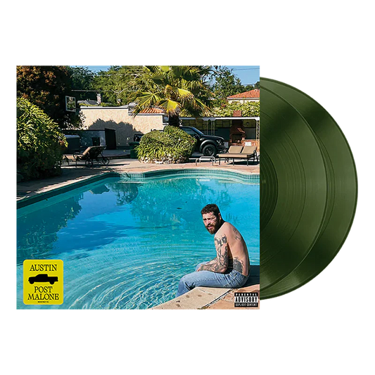 Post Malone Austin 2LP front view featuring album cover artwork with green double vinyl records displayed beside sleeve for collectors and fans