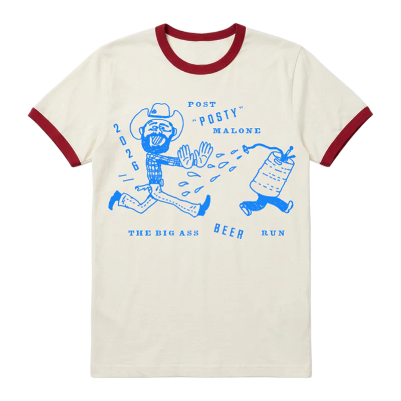 Post Malone Beer Run ringer T shirt front view in white with red trim featuring Big Ass Stadium Tour graphic artwork and text print
