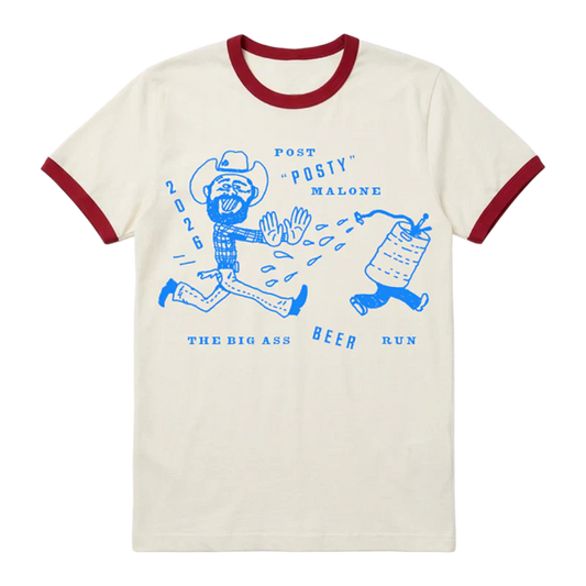 Post Malone Beer Run ringer T shirt front view in white with red trim featuring Big Ass Stadium Tour graphic artwork and text print