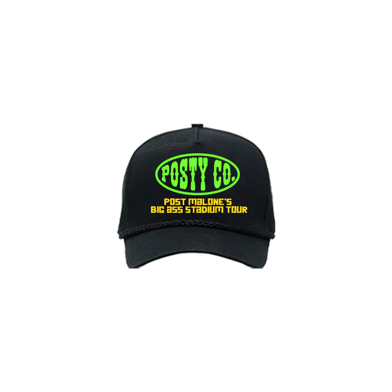 Post Malone Big Ass Stadium Tour black hat front view featuring neon green Posty Co. logo and yellow tour branding graphic print