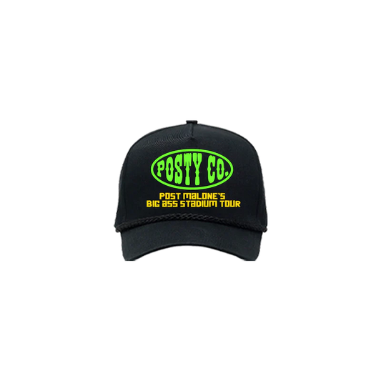 Post Malone Big Ass Stadium Tour black hat front view featuring neon green Posty Co. logo and yellow tour branding graphic print