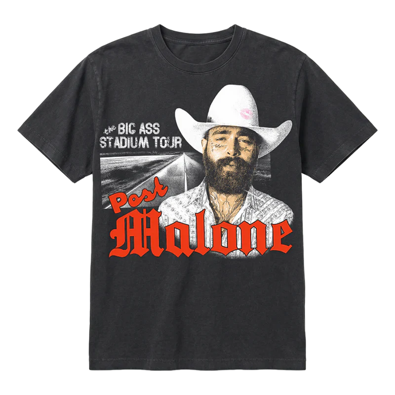 Post Malone Big Ass Stadium Tour photo T shirt front view in black featuring western portrait artwork and bold red logo graphic print