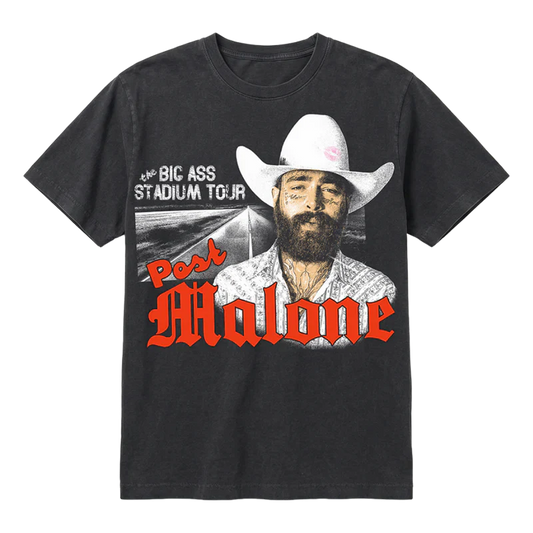 Post Malone Big Ass Stadium Tour photo T shirt front view in black featuring western portrait artwork and bold red logo graphic print