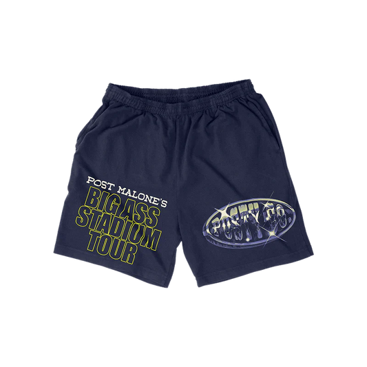 Post Malone Big Ass Stadium Tour shorts front view in navy featuring oversized tour logo graphics and Posty Co. artwork print details