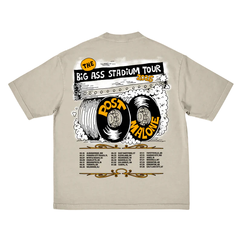 Post Malone Big Ass Stadium Tour Tire T shirt back view in beige with tire artwork and 2026 tour date graphics printed on back