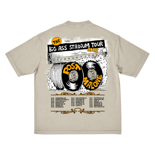 Post Malone Big Ass Stadium Tour Tire T shirt back view in beige with tire artwork and 2026 tour date graphics printed on back