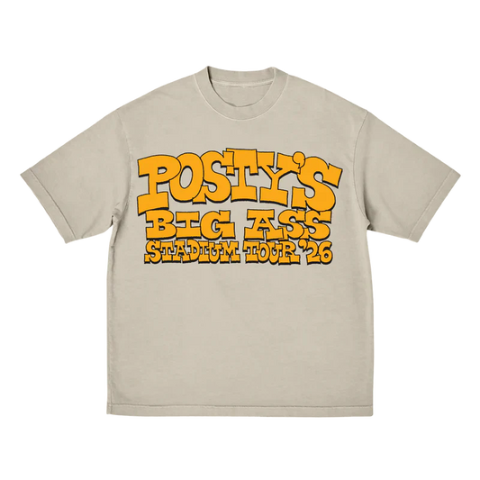 Post Malone Big Ass Stadium Tour Tire T shirt front view in beige featuring bold yellow 2026 tour logo graphic