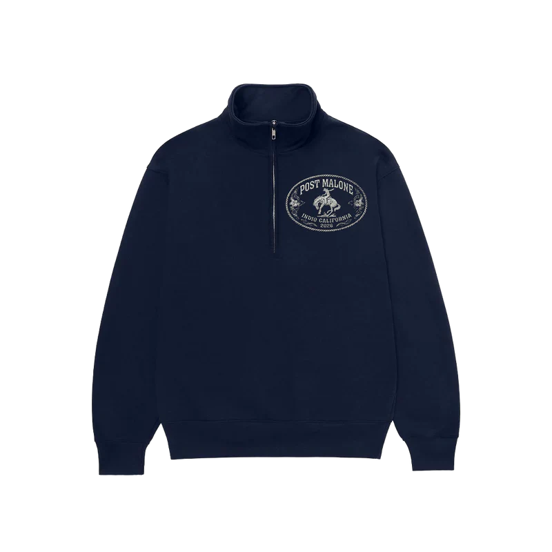 Post Malone Buckle Quarter Zip front view in navy featuring Indio California 2026 western buckle logo embroidery and premium pullover design