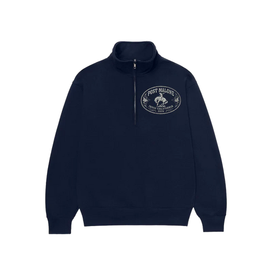 Post Malone Buckle Quarter Zip front view in navy featuring Indio California 2026 western buckle logo embroidery and premium pullover design