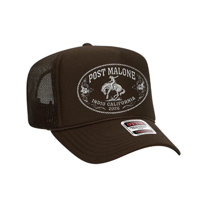 Post Malone Buckle Trucker Hat front view in brown featuring Indio California 2026 rodeo inspired patch graphic and mesh back design