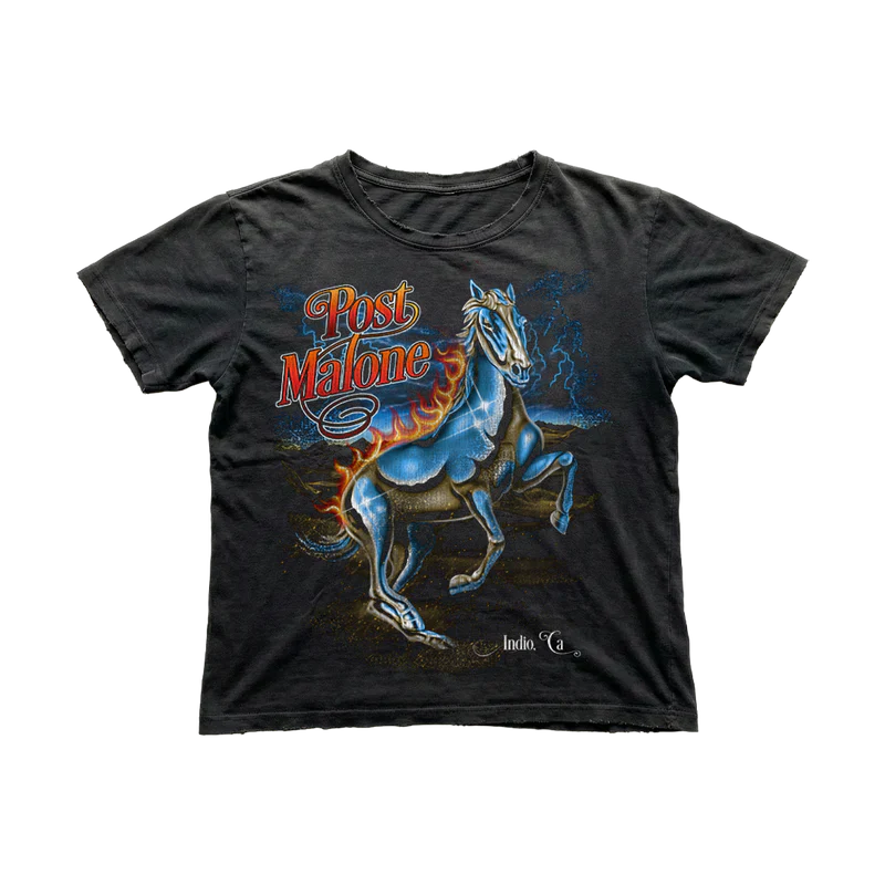 Post Malone Chrome Horse T Shirt front view featuring metallic horse graphic artwork with lightning effects and Indio California inspired western design on black tee