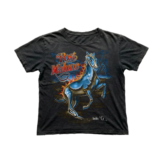 Post Malone Chrome Horse T Shirt front view featuring metallic horse graphic artwork with lightning effects and Indio California inspired western design on black tee