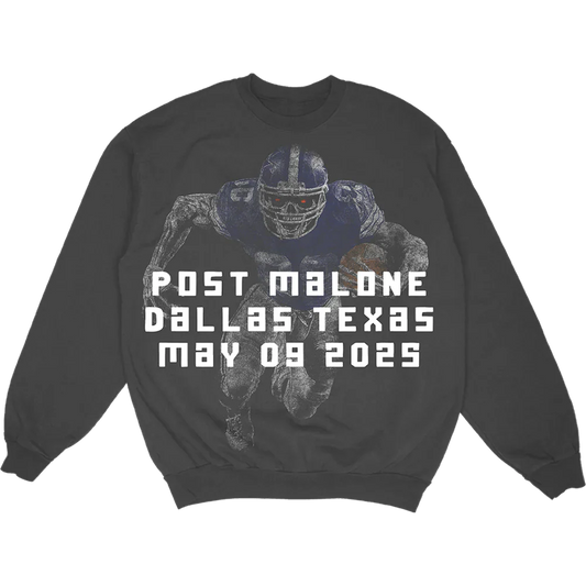 Post Malone Dallas Cowboys Crewneck front view featuring vintage football player graphic with Dallas Texas May 09 2025 event artwork on washed black sweatshirt