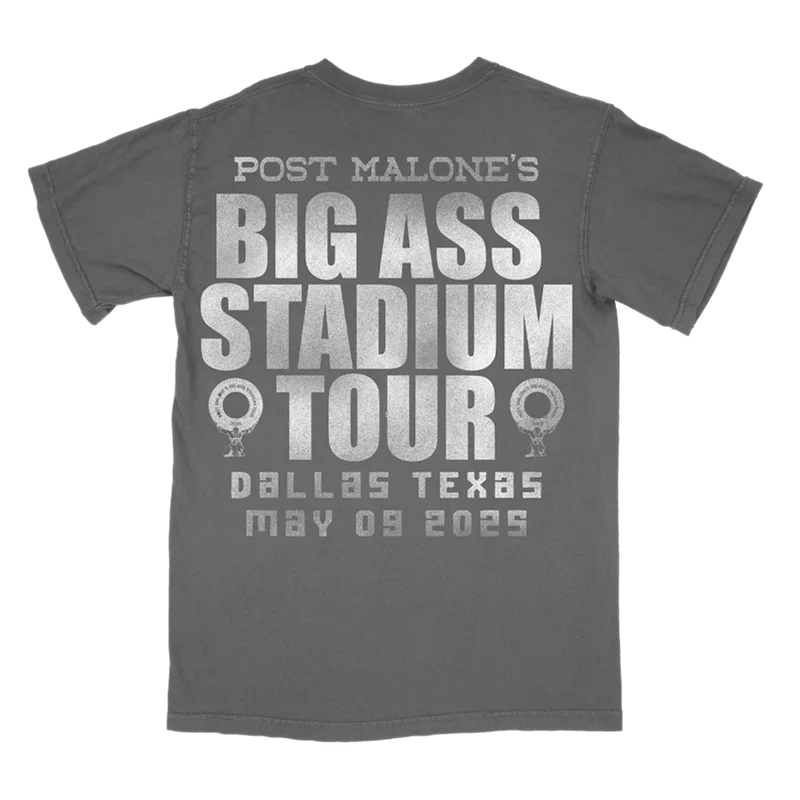 Post Malone Dallas Cowboys Doomsday Defense T Shirt back view featuring Big Ass Stadium Tour Dallas Texas May 09 2025 event graphic with oversized tour typography
