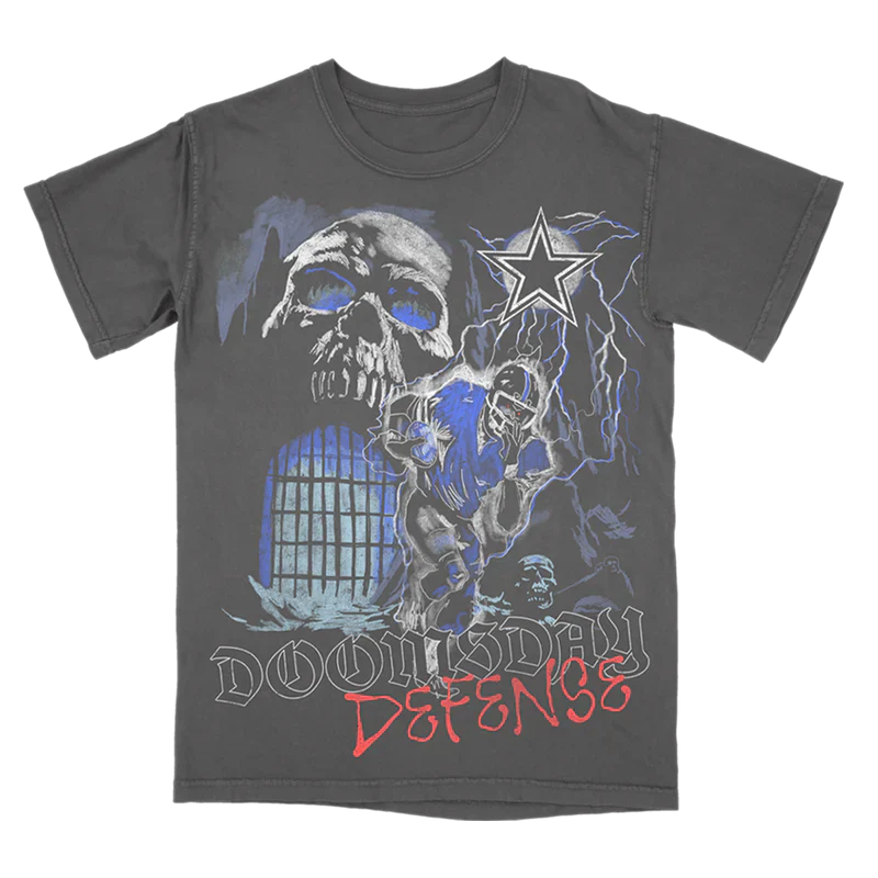 Post Malone Dallas Cowboys Doomsday Defense T Shirt front view featuring skull artwork football player graphic lightning effects and vintage tour inspired sports design