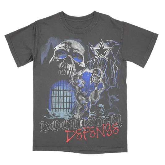 Post Malone Dallas Cowboys Doomsday Defense T Shirt front view featuring skull artwork football player graphic lightning effects and vintage tour inspired sports design