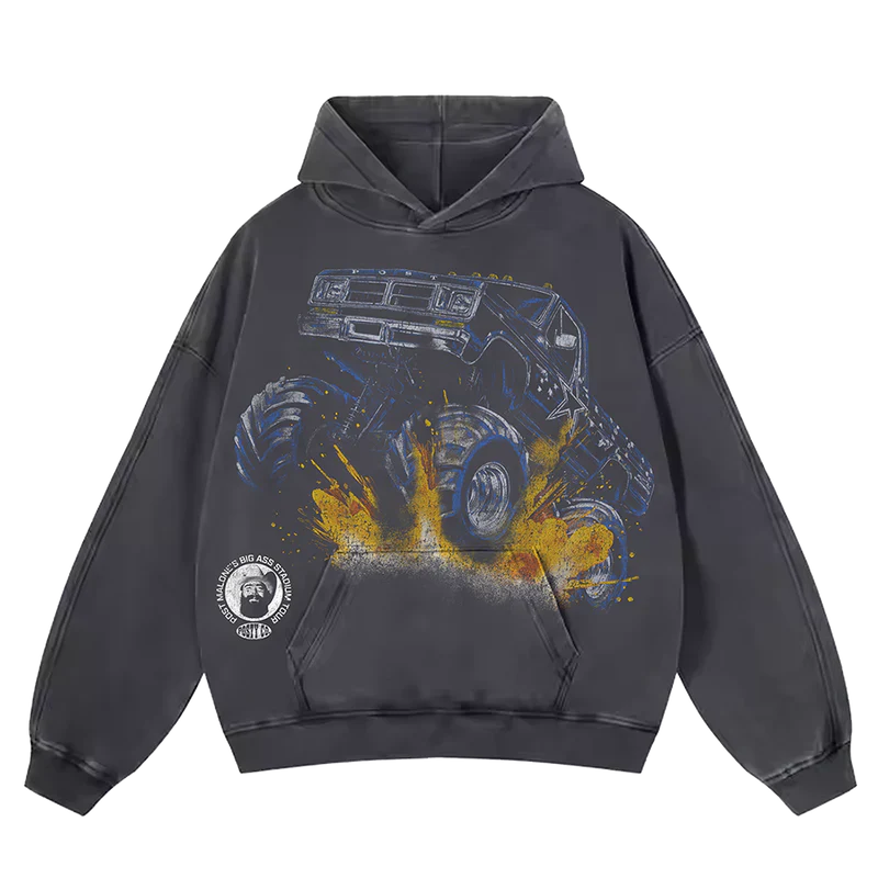 Post Malone Dallas Cowboys Monster Truck Hoodie front view featuring oversized monster truck graphic with Big Ass Stadium Tour inspired western sports design on charcoal hoodie