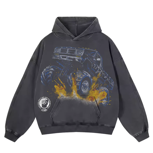 Post Malone Dallas Cowboys Monster Truck Hoodie front view featuring oversized monster truck graphic with Big Ass Stadium Tour inspired western sports design on charcoal hoodie