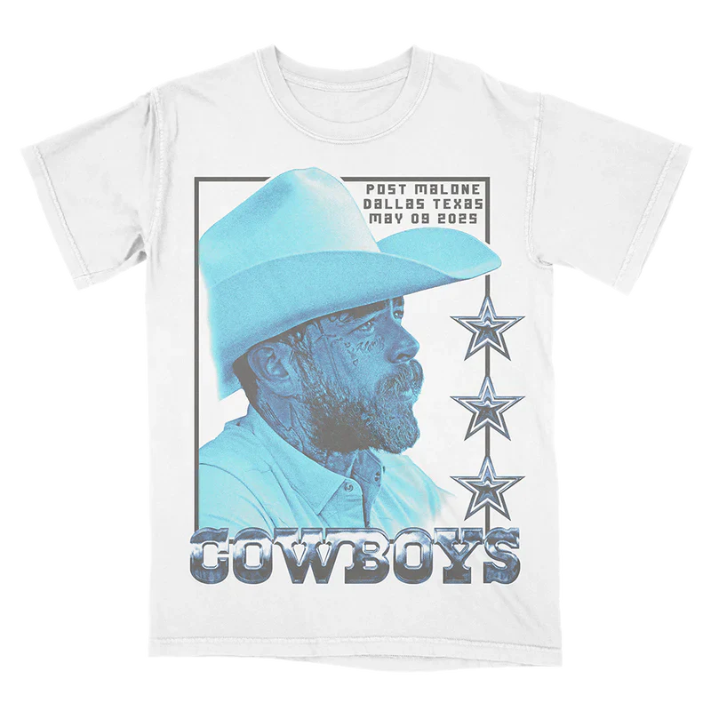 Post Malone Dallas Cowboys Photo T Shirt front view featuring Post Malone portrait in cowboy hat with Cowboys star graphics and Dallas Texas May 09 2025 event artwork on