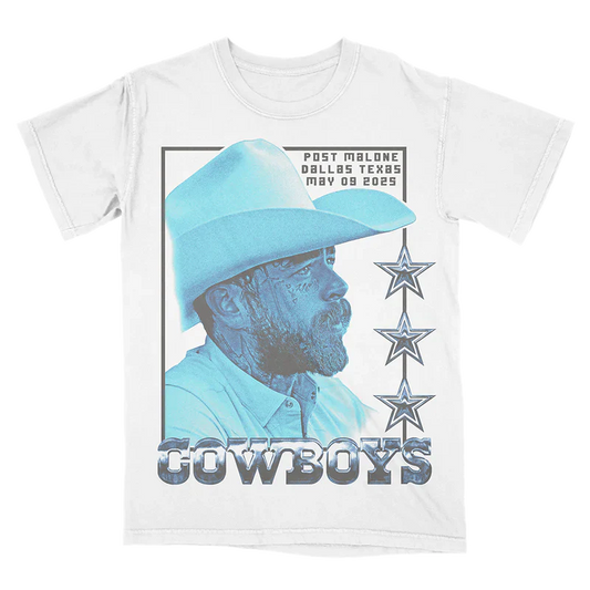 Post Malone Dallas Cowboys Photo T Shirt front view featuring Post Malone portrait in cowboy hat with Cowboys star graphics and Dallas Texas May 09 2025 event artwork on