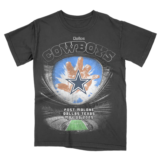 Post Malone Dallas Cowboys Stadium T Shirt front view featuring Cowboys star logo graphic stadium artwork and Dallas Texas May 09 2025 event design on vintage black tee