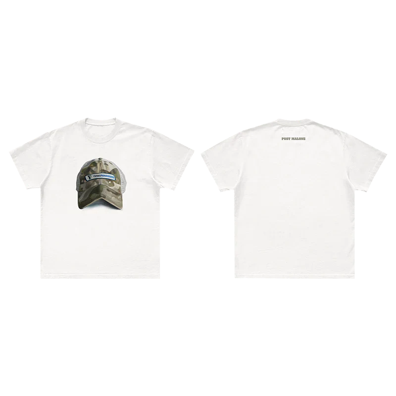 Post Malone Emblem Hat Painting Tee front and back view featuring camo hat artwork on front with minimalist Post Malone logo print on back of white t-shirt design